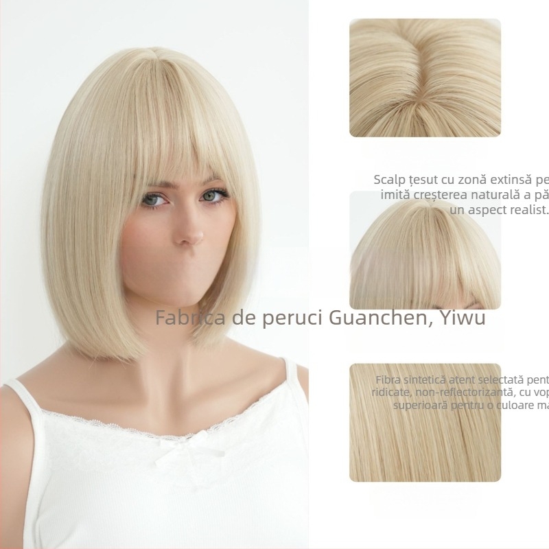 Perucă pentru femei, stil european/american, respirabilă, breton Qi, fibre rezistente la temperatură (poate fi vopsită; poate fi îndreptată)