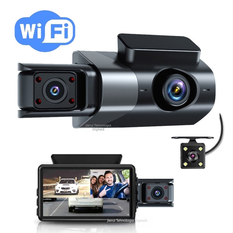 Camera de bord auto cu ecran de 3 inch, viziune de noapte, camere faţă, interior şi spate, 1080p, WiFi