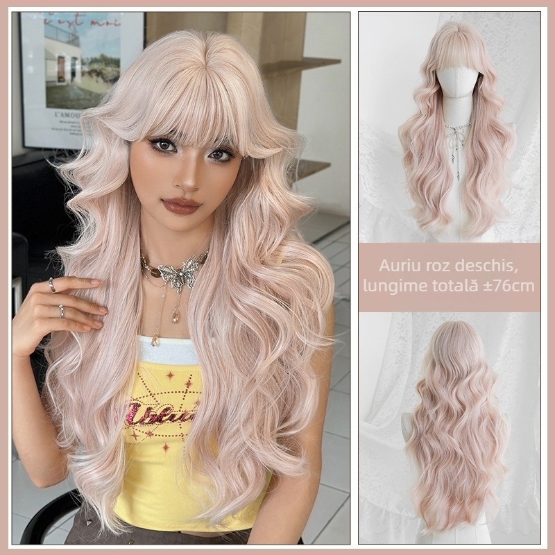 Perucă lungă bucle pentru femei, fibre rezistente la temperatură, modelul C-0506, breton drept sau înclinat, aspect natural și confortabil