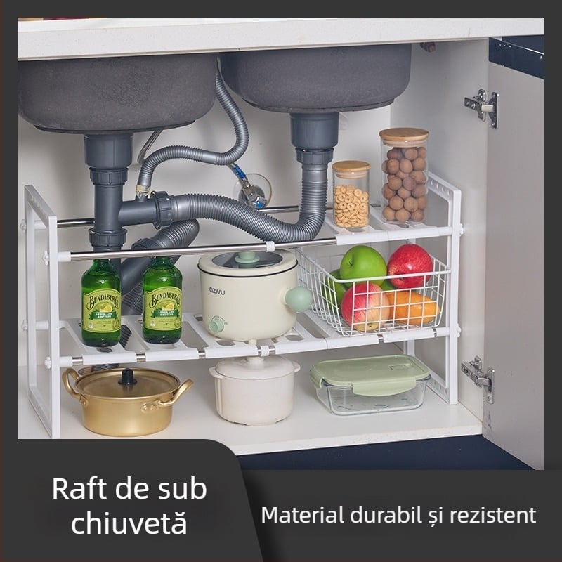 Raft de depozitare din oțel inoxidabil pentru chiuvetă — organizator mobil pentru periuțe de dinți și cosmetic, reglabil, potrivit pentru baie și bucătărie, sub chiuvetă