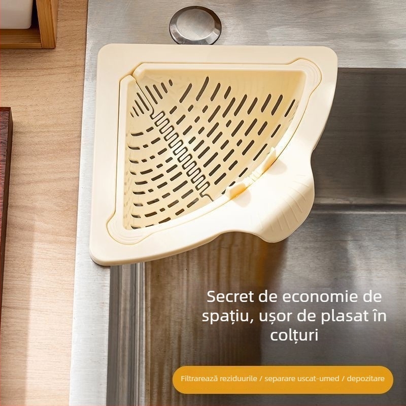 Coș magnetic triunghiular pentru chiuvetă – filtru pentru resturi alimentare, golire cu un singur buton, material PP, 78,6 g