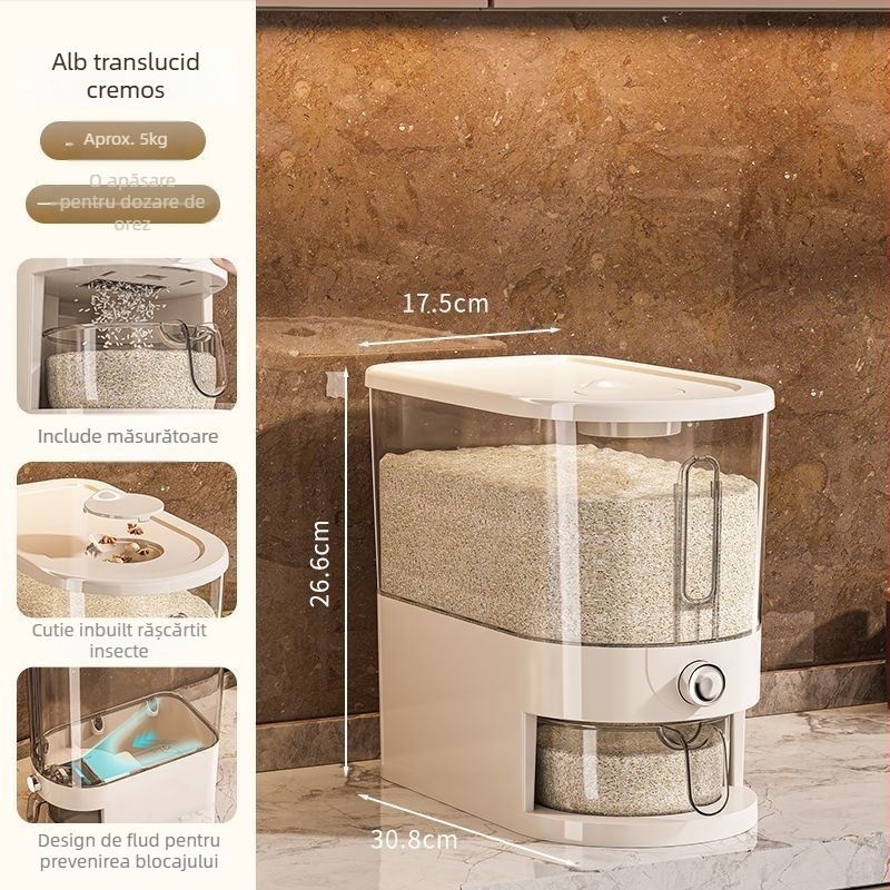 Container pentru depozitare orez - recipient plastic sigilat, protecție împotriva insectelor și umezelii, capacitate sub 4 L