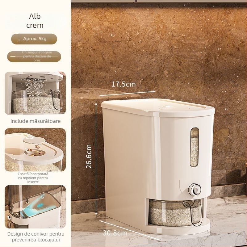 Container pentru depozitare orez - recipient plastic sigilat, protecție împotriva insectelor și umezelii, capacitate sub 4 L