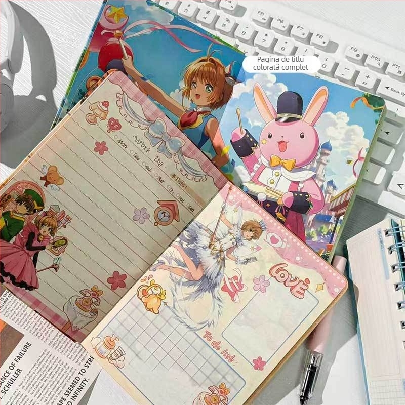 Jurnal cu husă din piele PU, legare cu ață, Dowling hârtie, 100 g greutate de hârtie, 100–200 pagini, stil cartoon drăguț japonez-coreean