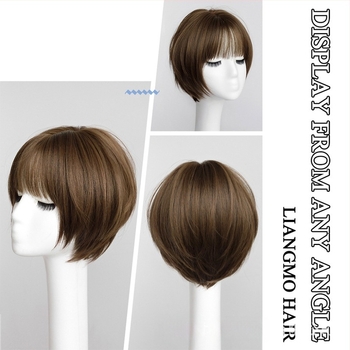 Perucă pentru păr scurt drept, AT04 model, fibre rezistente la temperatură, breton Qi, proces mecanic