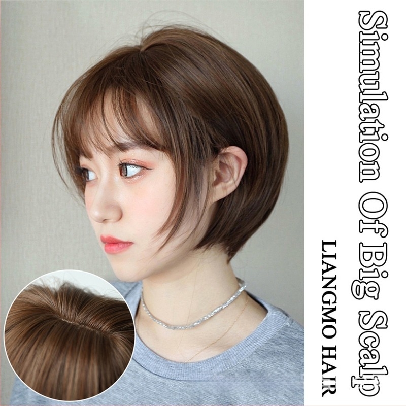 Perucă pentru păr scurt drept, AT04 model, fibre rezistente la temperatură, breton Qi, proces mecanic