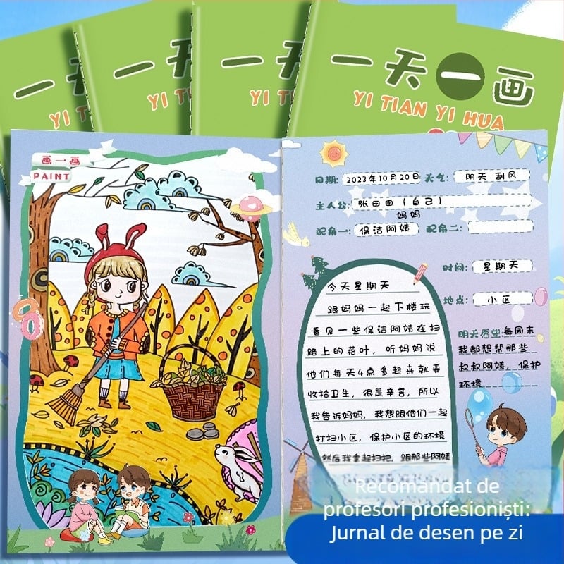 Caiet pentru copii — jurnal drăguț de desen și scriere cu ilustrații drăguțe; 32 pagini, hârtie 80 gsm din pulpă brută de lemn, legare tip French fold, stil japonez-coreean drăguț