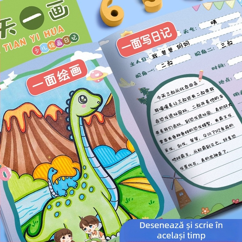 Caiet pentru copii — jurnal drăguț de desen și scriere cu ilustrații drăguțe; 32 pagini, hârtie 80 gsm din pulpă brută de lemn, legare tip French fold, stil japonez-coreean drăguț