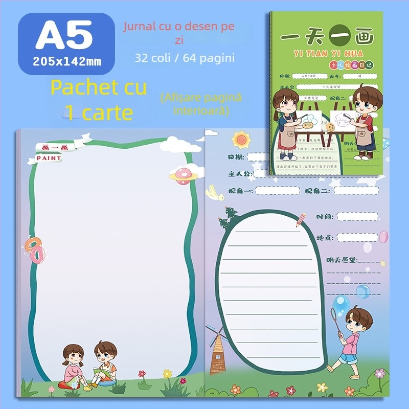 Caiet pentru copii — jurnal drăguț de desen și scriere cu ilustrații drăguțe; 32 pagini, hârtie 80 gsm din pulpă brută de lemn, legare tip French fold, stil japonez-coreean drăguț