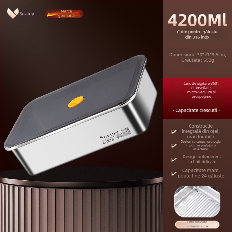 Cutie de depozitare pentru găluște din oțel inoxidabil 304, cu capac, etanșă, pătrată, 2.1–3 L