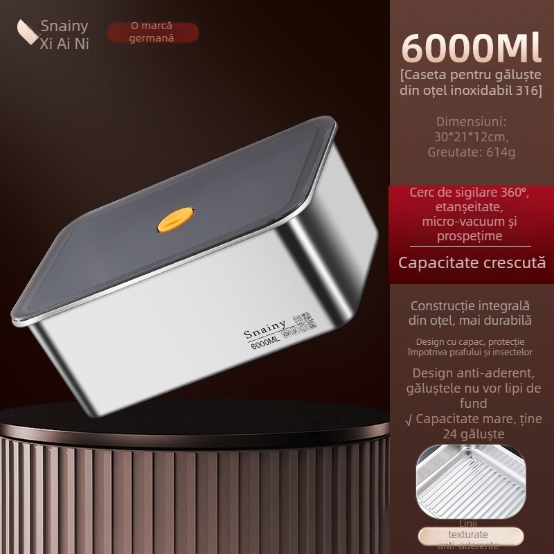 Cutie de depozitare pentru găluște din oțel inoxidabil 304, cu capac, etanșă, pătrată, 2.1–3 L