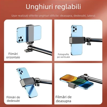 Suport pentru fotografiere de sus pentru telefon cu iluminare de fill — montaj pe birou sau podea, suport din plastic universal, anti vibrații, pentru streaming live și înregistrare video