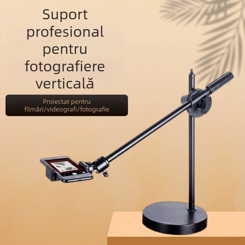 Suport pentru fotografiere de sus pentru telefon cu iluminare de fill — montaj pe birou sau podea, suport din plastic universal, anti vibrații, pentru streaming live și înregistrare video