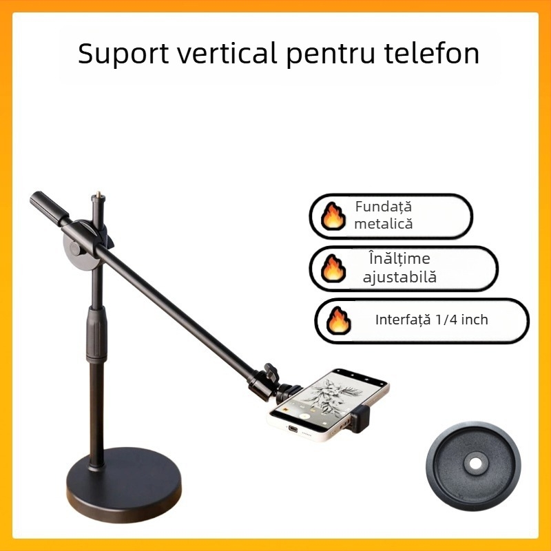 Suport pentru fotografiere de sus pentru telefon cu iluminare de fill — montaj pe birou sau podea, suport din plastic universal, anti vibrații, pentru streaming live și înregistrare video