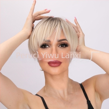 Perucă păr scurt drept cu breton înclinat pentru femei • fibre sintetice rezistente la temperatură • poate fi vopsită • model SM166-1