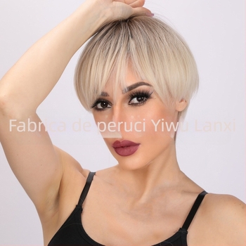 Perucă păr scurt drept cu breton înclinat pentru femei • fibre sintetice rezistente la temperatură • poate fi vopsită • model SM166-1