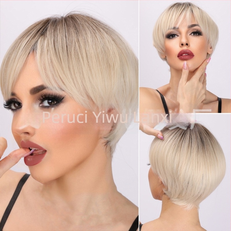 Perucă păr scurt drept cu breton înclinat pentru femei • fibre sintetice rezistente la temperatură • poate fi vopsită • model SM166-1
