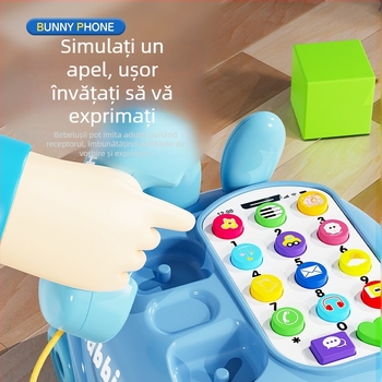 Jucărie educativă pentru copii – iepuraș telefon cu muzică și povești interactive; construcție din plastic; potrivit pentru 4–6 ani.