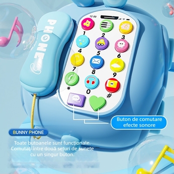 Jucărie educativă pentru copii – iepuraș telefon cu muzică și povești interactive; construcție din plastic; potrivit pentru 4–6 ani.