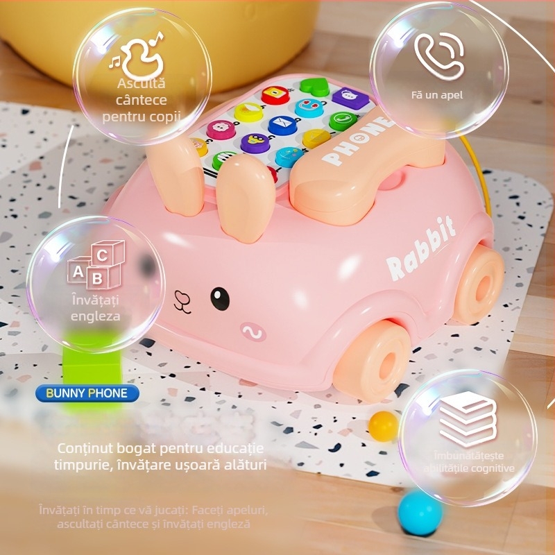 Jucărie educativă pentru copii – iepuraș telefon cu muzică și povești interactive; construcție din plastic; potrivit pentru 4–6 ani.