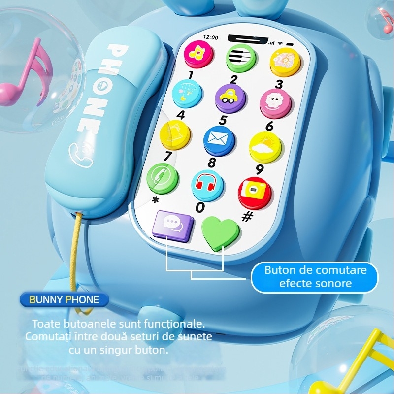 Jucărie educativă pentru copii – iepuraș telefon cu muzică și povești interactive; construcție din plastic; potrivit pentru 4–6 ani.