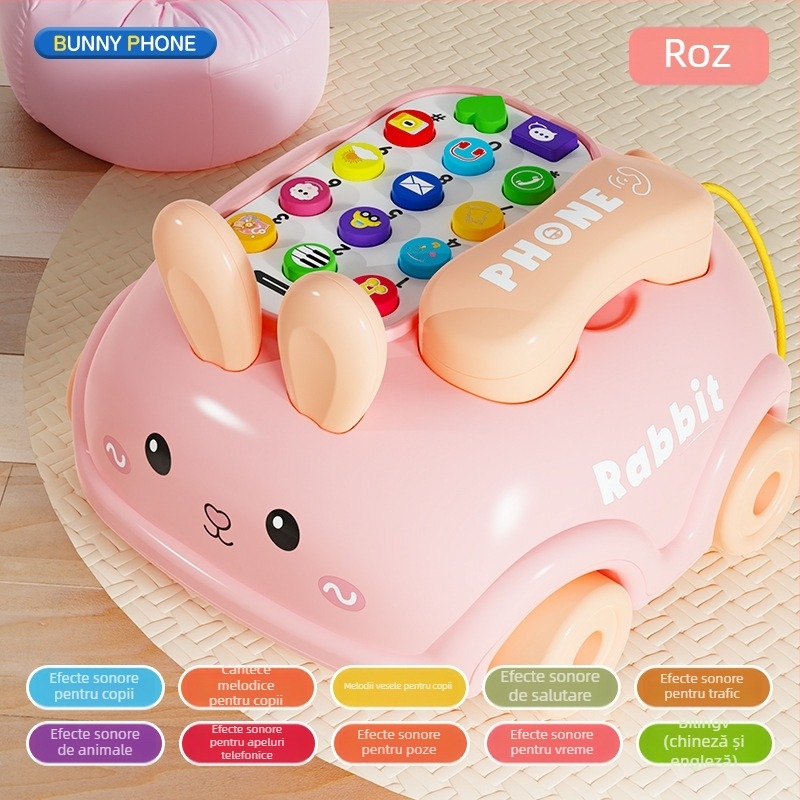 Jucărie educativă pentru copii – iepuraș telefon cu muzică și povești interactive; construcție din plastic; potrivit pentru 4–6 ani.