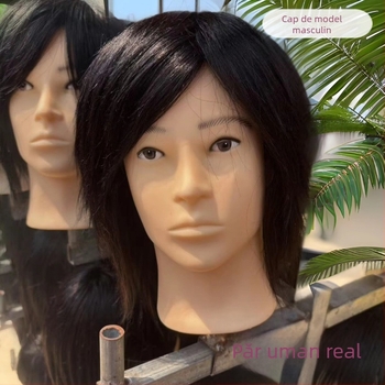 Model cap real pentru practică în frizerie pentru bărbați — păr uman, păr scurt drept, stil natural, pentru practică de tuns