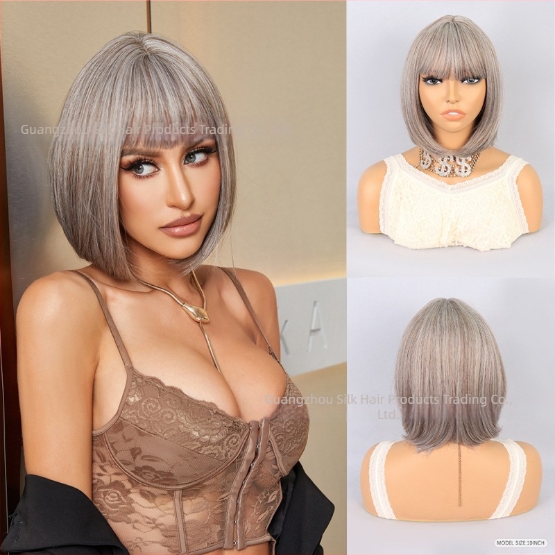 Perucă scurtă, păr drept cu breton Qi, model PL-2268, fire rezistente la temperatură înaltă, nu se poate vopsi