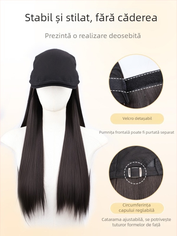 Perucă cu șapcă integrată, păr lung drept, detașabilă, stil coreean, fibre rezistente la temperatură