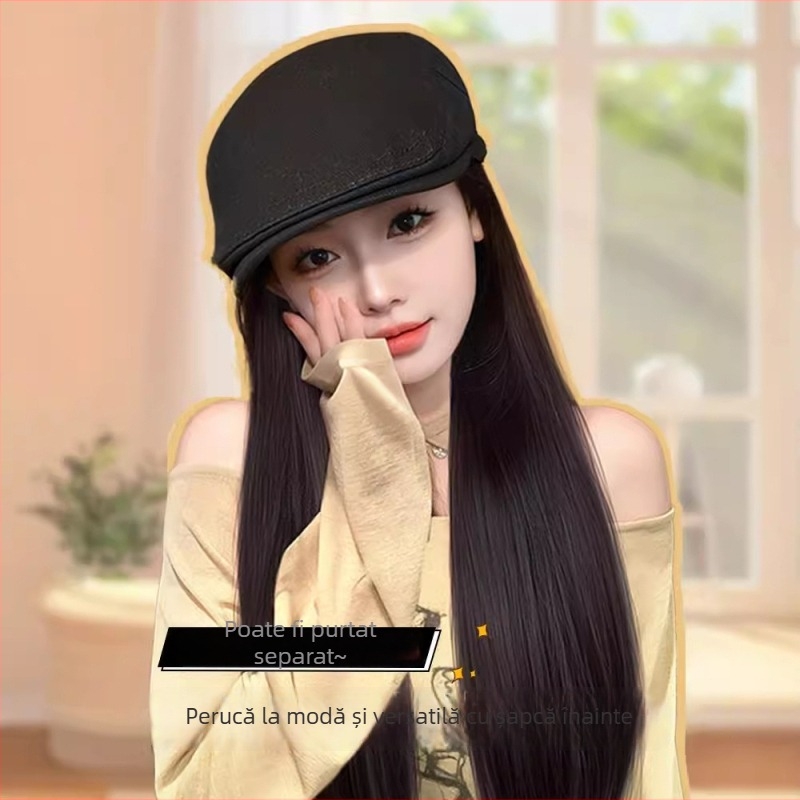 Perucă cu șapcă integrată, păr lung drept, detașabilă, stil coreean, fibre rezistente la temperatură
