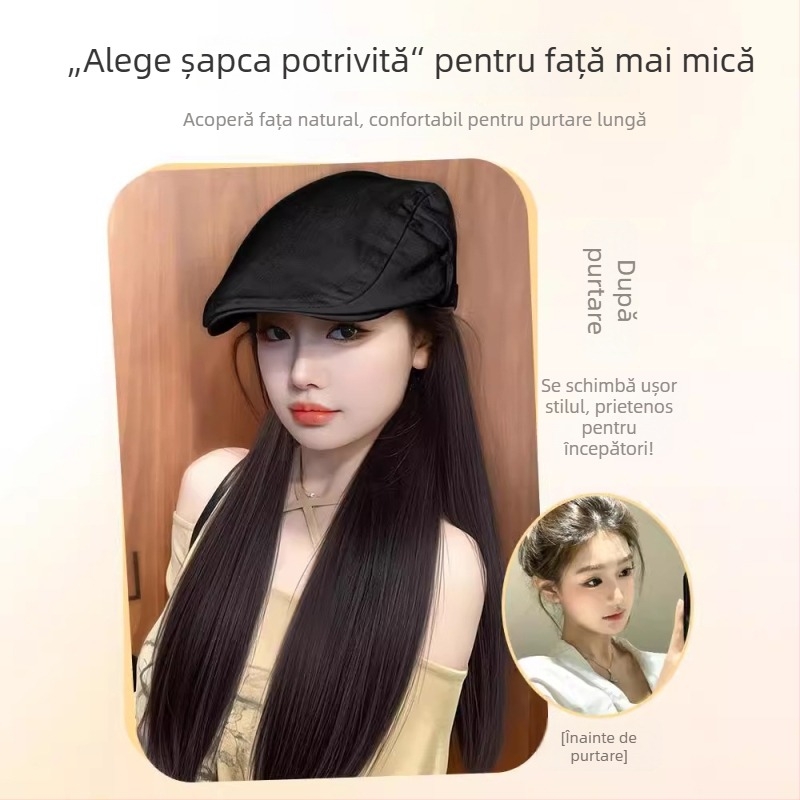 Perucă cu șapcă integrată, păr lung drept, detașabilă, stil coreean, fibre rezistente la temperatură