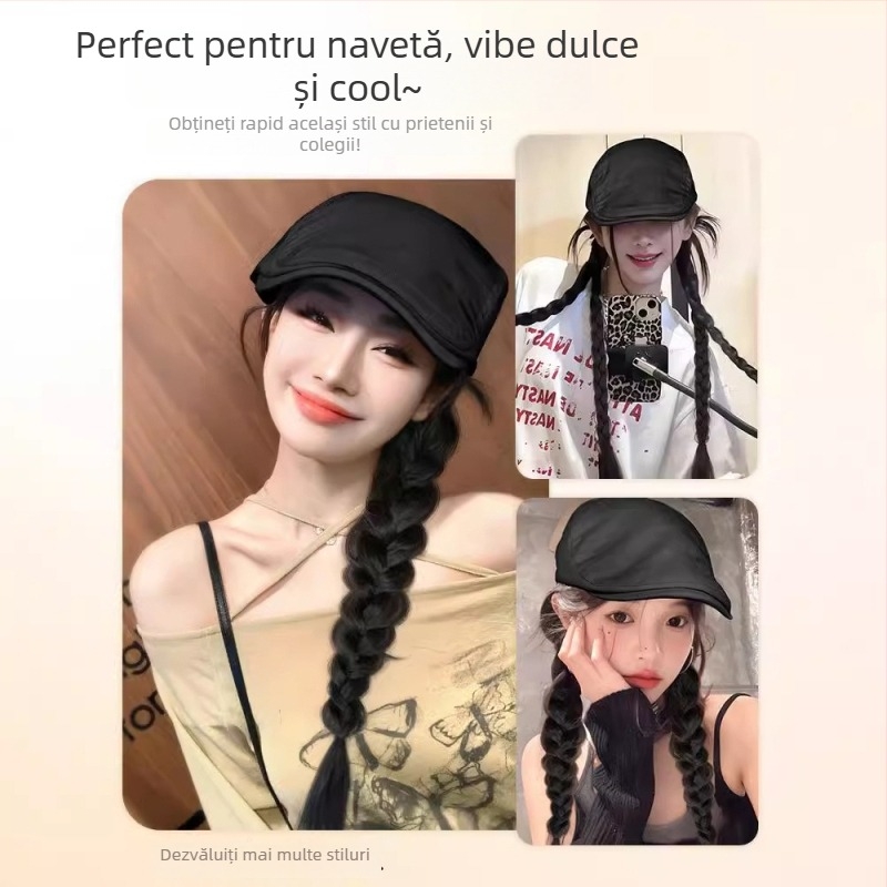 Perucă cu șapcă integrată, păr lung drept, detașabilă, stil coreean, fibre rezistente la temperatură