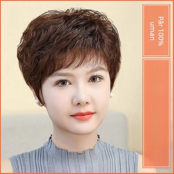 Perucă cu acoperire completă a capului, păr scurt bucle, păr real uman, stil etnic, breton drept sau înclinat, procesare mecanică