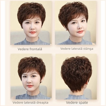 Perucă cu acoperire completă a capului, păr scurt bucle, păr real uman, stil etnic, breton drept sau înclinat, procesare mecanică