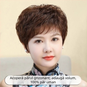Perucă cu acoperire completă a capului, păr scurt bucle, păr real uman, stil etnic, breton drept sau înclinat, procesare mecanică