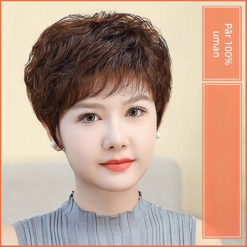 Perucă cu acoperire completă a capului, păr scurt bucle, păr real uman, stil etnic, breton drept sau înclinat, procesare mecanică