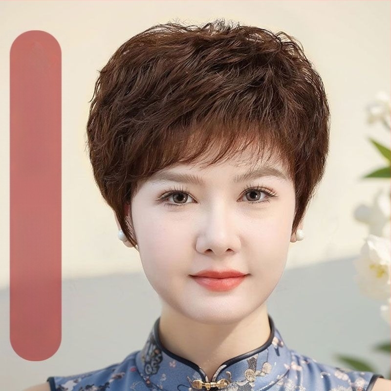 Perucă cu acoperire completă a capului, păr scurt bucle, păr real uman, stil etnic, breton drept sau înclinat, procesare mecanică