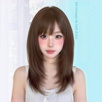 Perucă, păr scurt drept, stil japonez, lungime până la claviculă, breton aerian; fibre rezistente la căldură, mecanism, model 446