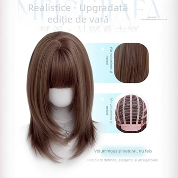 Perucă, păr scurt drept, stil japonez, lungime până la claviculă, breton aerian; fibre rezistente la căldură, mecanism, model 446