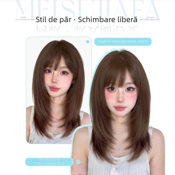 Perucă, păr scurt drept, stil japonez, lungime până la claviculă, breton aerian; fibre rezistente la căldură, mecanism, model 446