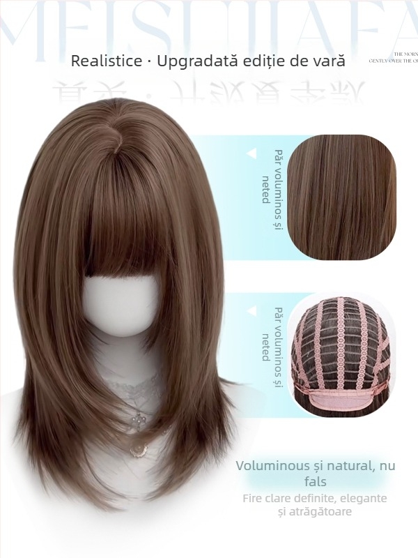 Perucă, păr scurt drept, stil japonez, lungime până la claviculă, breton aerian; fibre rezistente la căldură, mecanism, model 446