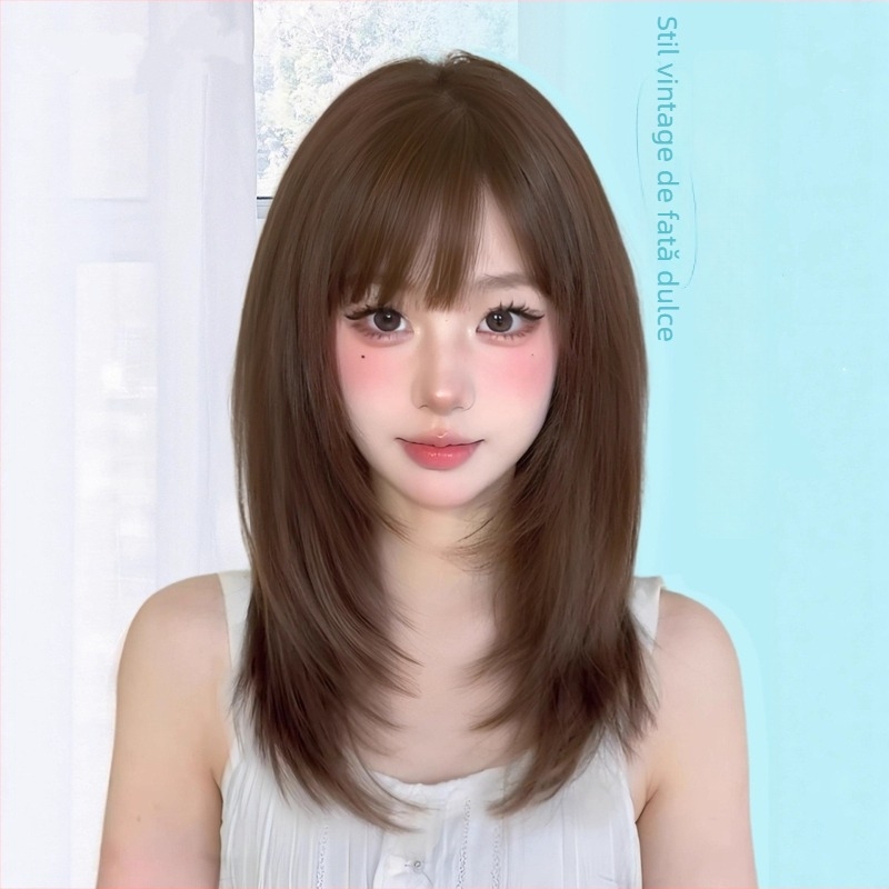 Perucă, păr scurt drept, stil japonez, lungime până la claviculă, breton aerian; fibre rezistente la căldură, mecanism, model 446