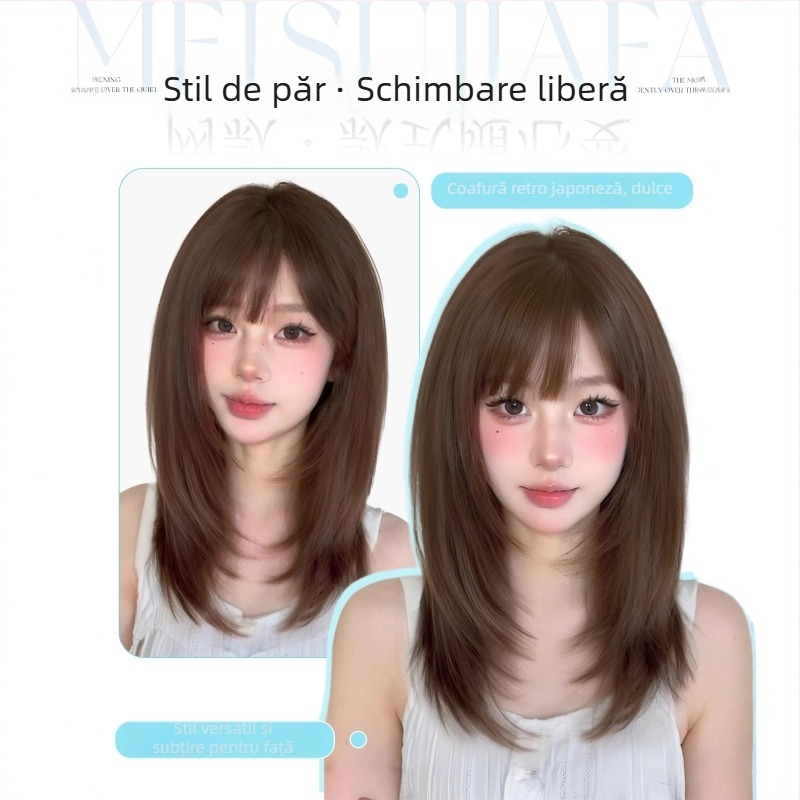 Perucă, păr scurt drept, stil japonez, lungime până la claviculă, breton aerian; fibre rezistente la căldură, mecanism, model 446