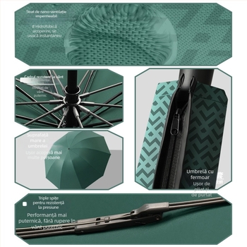 Umbrelă reversibilă pliabilă, țesătură 280T, deschidere/închidere automată, cadru cu 10 brațe din fibră, rază 55–61 cm, protecție UV UPF30+, cupolă dublu groasă, umbrelă de afaceri pentru bărbați