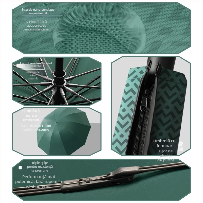 Umbrelă reversibilă pliabilă, țesătură 280T, deschidere/închidere automată, cadru cu 10 brațe din fibră, rază 55–61 cm, protecție UV UPF30+, cupolă dublu groasă, umbrelă de afaceri pentru bărbați