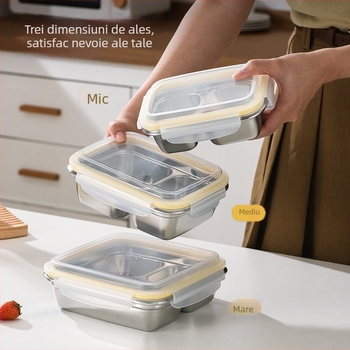 Cutie de prânz din oțel inoxidabil 304, izolată, potrivită pentru microunde, design dreptunghiular cu compartimente, capacitate 0,5–0,8 L
