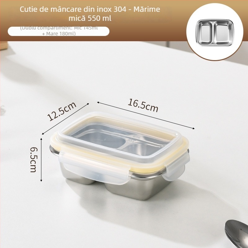 Cutie de prânz din oțel inoxidabil 304, izolată, potrivită pentru microunde, design dreptunghiular cu compartimente, capacitate 0,5–0,8 L