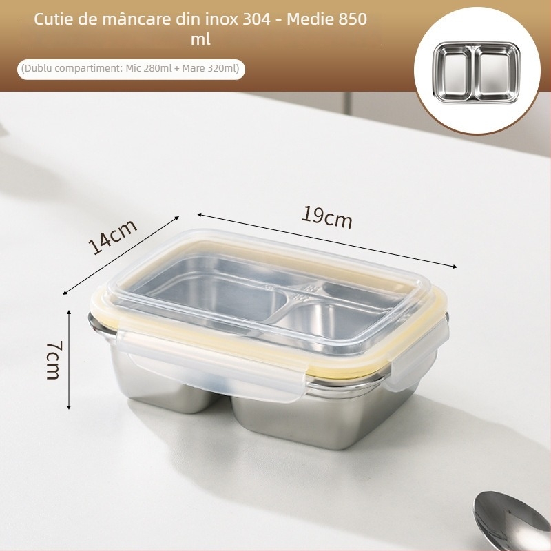 Cutie de prânz din oțel inoxidabil 304, izolată, potrivită pentru microunde, design dreptunghiular cu compartimente, capacitate 0,5–0,8 L