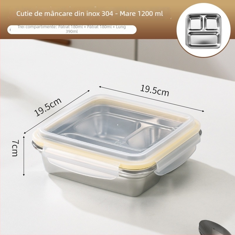 Cutie de prânz din oțel inoxidabil 304, izolată, potrivită pentru microunde, design dreptunghiular cu compartimente, capacitate 0,5–0,8 L