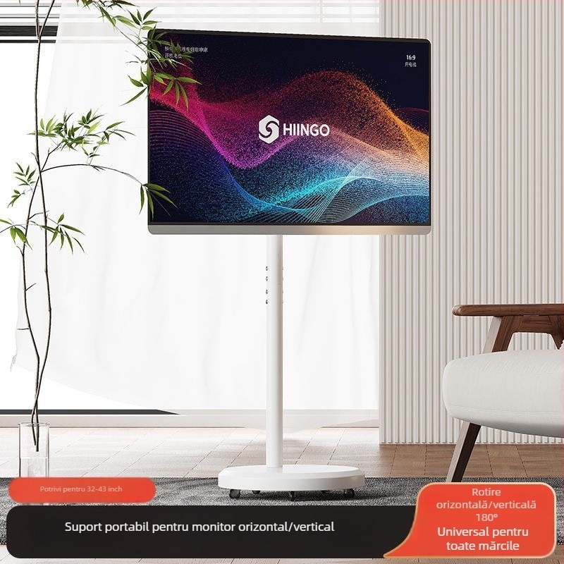 Stand de afișaj pe podea, mobil, cu ecran rotativ, suport TV reglabil pe înălime cu roți — control mecanic; export cross-border disponibil; accesorii; telecomandă TV
